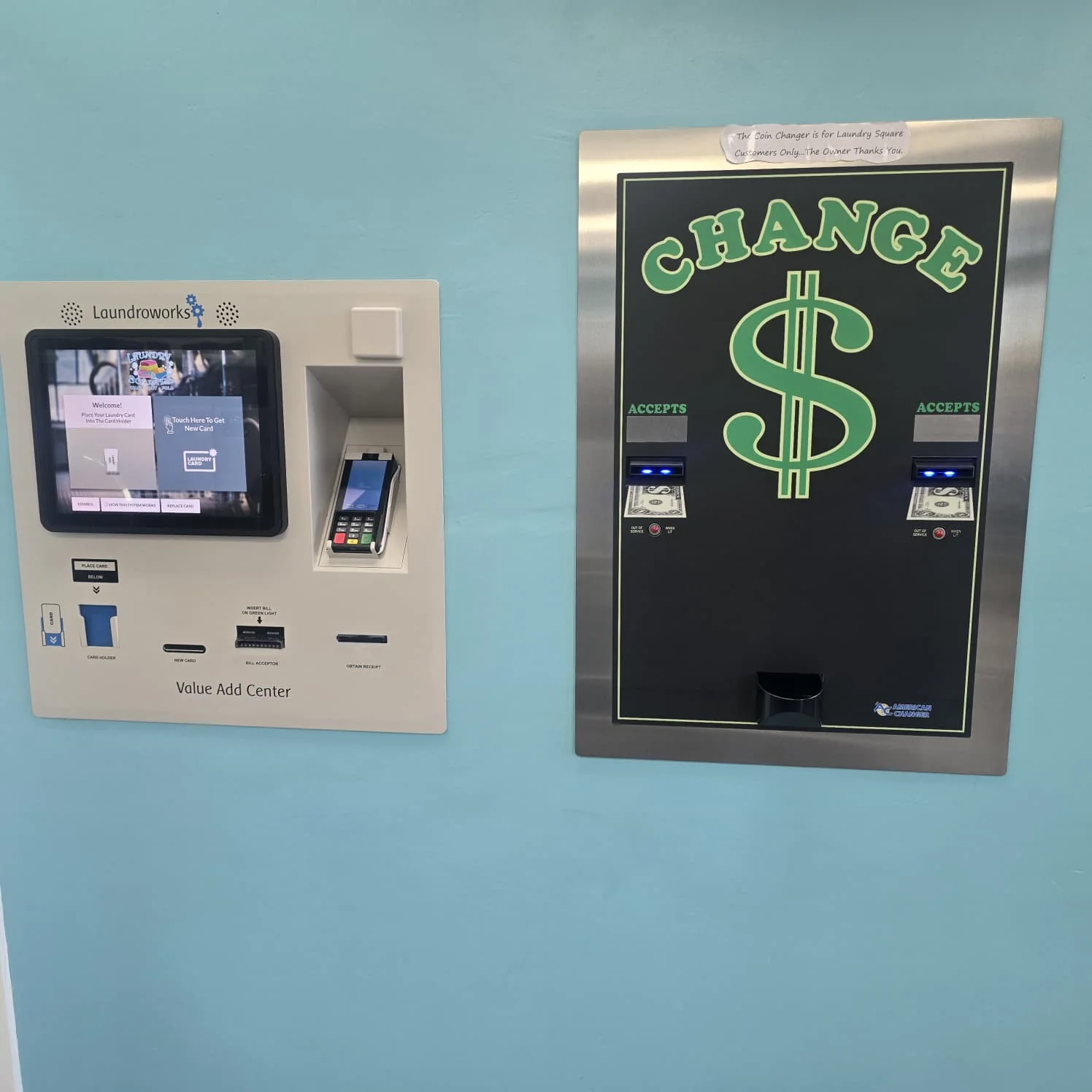 LaundryWorks card kiosk and coin changer at Laundry Square in Tucson